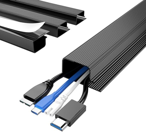Delamu 4 Pack Cable Management Under Desk, 62.8in J Channel Cable Trunking, Self Adhesive Wire Management Raceway, Cord Cover Cable Hider for Office Home, Black