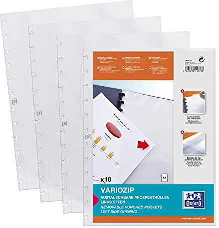Oxford Prospekthüllen A4 mit vario-zipp-Prinzip, manageMe! Ersatzhüllen links offen, PP 0,08 mm, dokumentenecht, glasklar, transparent 10er Pack (100 Stück)
