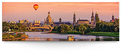 Eindrucksvolles XXL Panorama Wand-Bild Skyline Dresden Elbe als Leinwandbild mit 150x50cm. Dieses große Bild setzt Ihr Wohnzimmer oder Schlafzimmer definitiv in Szene