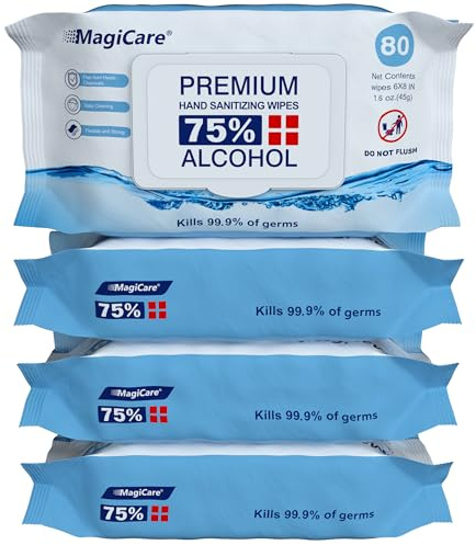 MagiCare 75% Large Alcohol Wipes (4, 80ct Packs, 320ct) - Hand Sanitizer Wipes, Unscented Hand Wipe, Cleaning, Sanitizing Wipe - Travel, Home, Office, Classroom, Car, Camping - Soft Packs