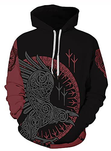 JooMeryer Herren Viking Totem 3D Druck Langarm Hoodies Pullover Sweatshirt, Roter Rabe, XXX-Large