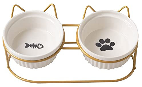 Koomuao Gamelles Surélevées pour Chat Bol Double pour Chat Déjeuner Céramique(2x400ml), Inclinable à 15° Gamelle Animaux pour Nourriture/Eau (Blanc - Or)