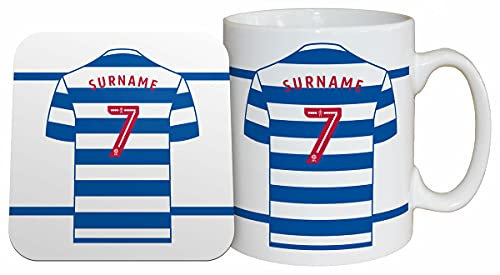 Personalised 'Back of Shirt' 11oz Mug & Coaster Set for Queens Park Rangers Supporters, Officially Licensed, with Club Colours, Ideal for Queens Park Rangers Fans