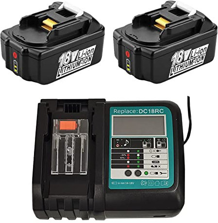 The Power Shop - Replacement charger with 2 x 5Ah 18V batteries compatible with Makita 18V battery BL1860B BL1860 BL1850 BL1845 BL1840B BL1840 BL1835 BL1830B BL1830 DC18RA DC18RC