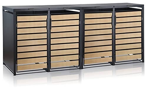 Zelsius Mülltonnenbox 4 Tonnen | 120-240 Liter | Anthrazit RAL 7016 | Tür in Holzoptik inkl. Erweiterungsmöglichkeit | Aufbewahrungsbox für Mülltonnen, Mülltonnenbox 4er