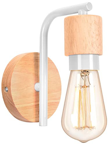 LIGKIN Lampada da Parete Vintage Industriale, Applique da Parete Interno in Metallo Legno, E27 Retro Lampada a Muro, Applique Legno per Camera da Letto, Soggiorno, Bagno, Corridoio, Scale (Bianco)