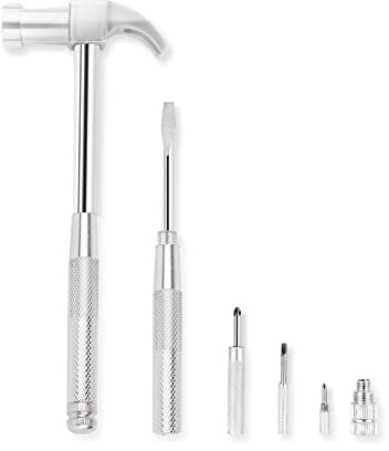6 en 1 plateado y destornillador herramienta multiherramienta Set Martillo de garra con agarre antideslizante Mango ranurado/cabeza plana Phillips Destornillador Extractor de uñas (plata)