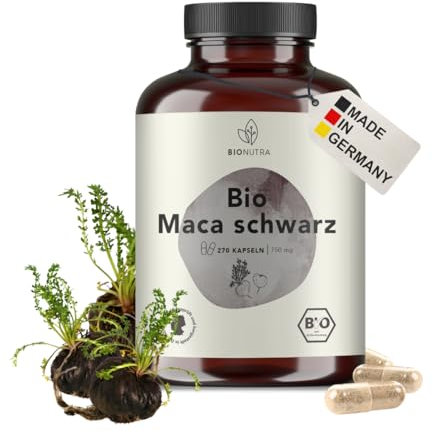 BIONUTRA Bio Maca schwarz Kapseln hochdosiert, 4200 mg Tagesdosis, rückstandskontrolliert, deutsche Herstellung, vegan, laktose- & glutenfrei, ohne Zusätze, Maca Bio Kapseln, 270 Kapseln x 700 mg