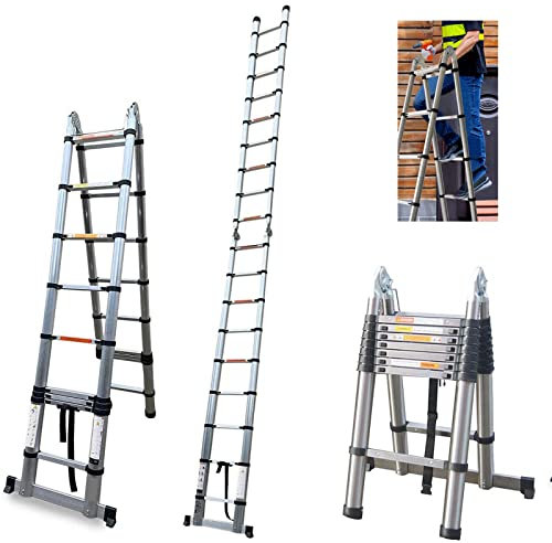 Telescopic Stainless Steel A-Frame Ladder 16.5ft/ 5m Retractable Collapsible Ladders EN131 Safe Standard 330 LB Load Capacity (2.5m + 2.5m)