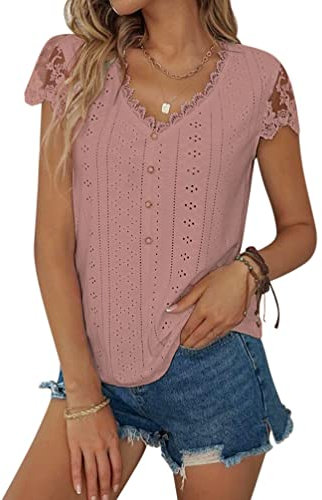 Minetom Chemise Femme Dentelle Tee Shirt Été Manches Courtes Col V Blouse Élégant T Shirt Casual Chemisier Haut Tops C Rose L