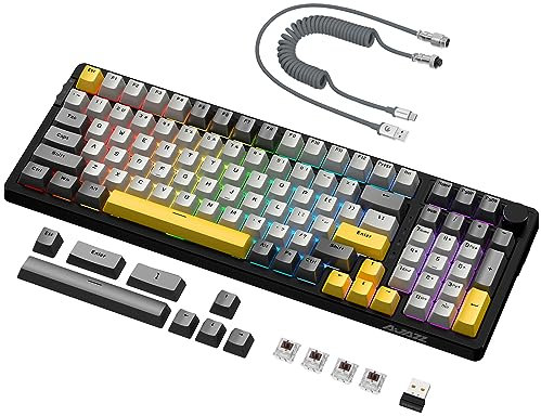 AJAZZ AK992 Gasket Mechanische Hotswap-Tastatur und gewendeltes USB-C-Kabel, RGB-Beleuchtung,4000 mAh 2,4 GHz/BT5.0/USB C,graue Custom-Gaming mit Lautstärkeregler,PBT-Tastenkappe (brauner Schalter)