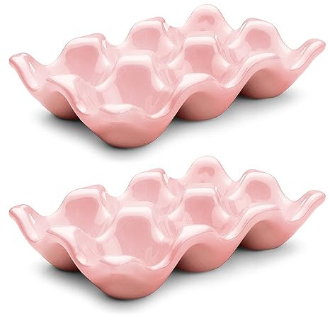 Flexzion Eierkisten aus Porzellan, 2 Stück, 6 Eier Kapazität, Eiertablett aus Keramik, für Kühlschrank, Thekenständer, Servierplatte, dekorativer Servierteller, rosa und Organizer