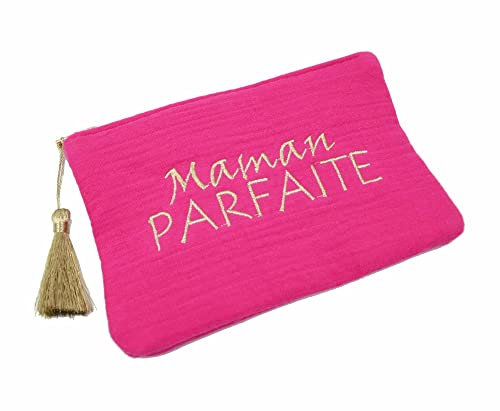Oh My Shop ATM226 - Trousse Pochette Gaze Coton Fuchsia Message Brodé Maman Parfaite