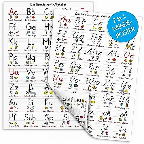 ABC Poster für Kinder [WENDEPOSTER] in Druckschrift & Schreibschrift + Übungsblätter | XL Lernposter groß A2 | Alphabet für Kinderzimmer | Einschulung | Grundschule 1. & 2. Klasse Deutsch Plakat