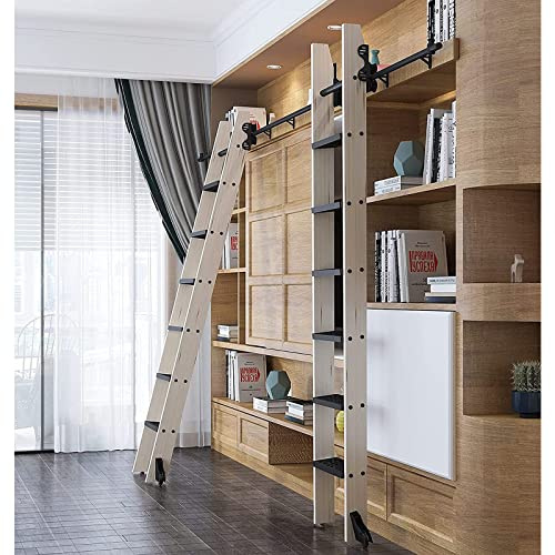 OTHZON Retractable Rolling Ladder, Black Steel, Office/Home/Barn Style Sliding Track Kit, With Floor R