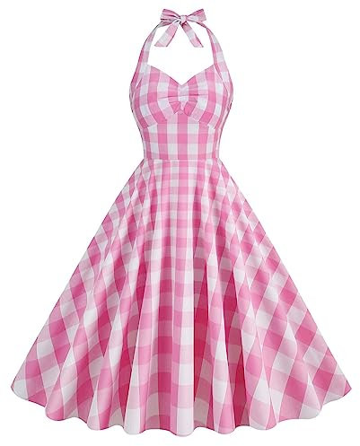 Robe rose Pinup années 50 pour femme, style vintage, vichy rose, rockabilly, Audrey Hepburn, robe de fête à dos nu, taille britannique, costume d'Halloween, cosplay, décorations de fête, Vichy rose