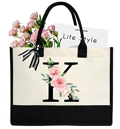 sundee Personalisierte Strandtasche aus Segeltuch mit Innentasche mit Reißverschluss, monogrammierte Geschenktasche für Hochzeit, Geburtstag, Urlaub, Schwarzer Buchstabe K, One Size