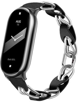 XIHAMA Compatible for Xiaomi Mi Band 8/9, Openwork Design Stainless Steel Ring Leather Chain Belt for Mi Band 9, Breathable Elegant Replacement Band for Women Ladies