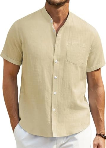Enlision Camicia di Lino Uomo Beige Camicia Collo Coreano Manica Corta Estiva Camicie Uomo Lino Cotone con Bottoni Tasche per Casual Beach Matrimonio L