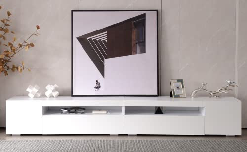 Mueble de TV Moderno Blanco Con Panel Brillante, Iluminación LED Variable Para Salón y Comedor, 240 cm