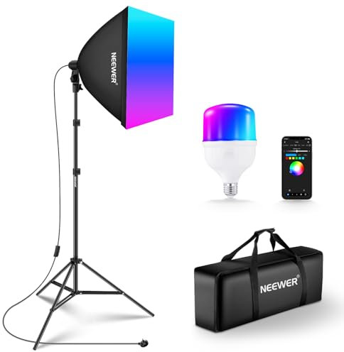 NEEWER Kit de iluminación RGB Softbox con Control de aplicación y 9 Modos de Efecto, Bombilla LED de 26 W CRI93+ TLCI98+, Enchufe de Porcelana E27, Caja de luz de 24 Pulgadas, para iluminación de