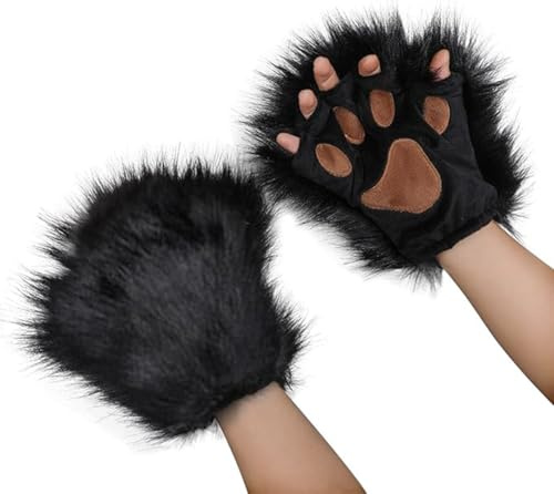 Halloween Plush Cat Paw Claw Gloves Cartoon Animal Gloves Mittens Furry Wolf Bear Fox Paw Gloves Warm Hairy Hands Paw Gloves Winter Hand Warmer Handwear Party Cosplay Costume Glove for Women Men