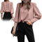Camicetta Con Bottoni Decorativi A Maniche Lunghe E Scollo Tondo, Camicetta Girocollo A Pieghe A Maniche Lunghe, Top Casual Eleganti A Maniche A Sbuffo Con Scollo Tondo (Rosa,S)
