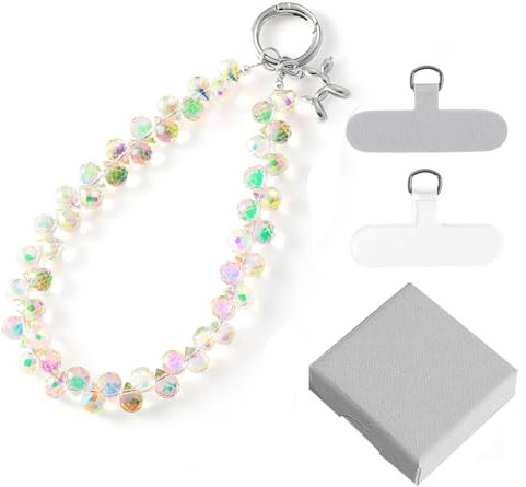 BelleVive Kristall-Handgelenkband für Mobiltelefone, Handy-Anhängerkette, Schlüsselanhänger, Perlen-Handyband mit Haltelasche, Freisprech-Armband, Handgelenk-Griffband für Frauen, Weiß