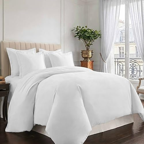 Pizuna Coton Ensemble de Housses de Couette 200x220 cm Blanc 400 Fils | 2 Personnes, 100% Coton Longue Tige Armure Satin Housse de Couette de Luxe avec Fermeture à Boutons Blanc