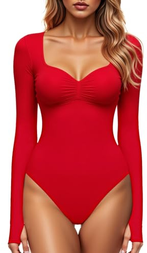 GJY Bodysuits for Women with V-Neck, Sexy Jumpsuit Fashion Long Sleeve Going Out Tops Stretchy Body Suit