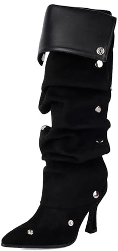 Lizoleor Appuntito Bottones Donna Stivali Alti Tacco A Blocco Senza Chiusura Personality Suede Serata Show Lungo Stivali Equitazione Nero Numero 35 Eu