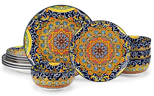 vancasso 12-teiliges Geschirr-Set, dunkelgrüne Teller und Schüsseln, Porzellan-Geschirr-Set für 4, mikrowellen- und spülmaschinenfest, kratzfest, Bohemian-Stil, Essgeschirr-Service für 4, Serie SIMI