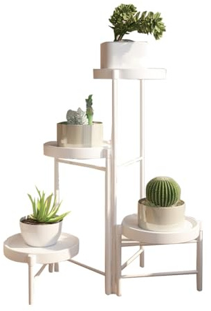 Cachpib 4 Etagen Pflanzenständer Metall Blumenständer Pflanzenregal Blumenregal Indoor Outdoor, Faltbar Blumentreppen mit Abnehmbaren Tabletts für Garten Balkon Wohnzimmer, Weiß Stil B