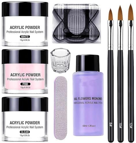 Acrylic Nail Kit with 3 Colors Powder, Liquid, Brush Set - Clear, Pink, White Nails Extension for Long-Lasting Art - 3 x 15g