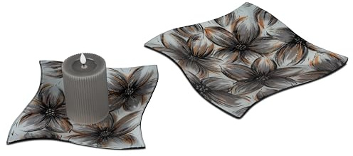 formano Dekorative Magnolie Teller/Schale, Kerzenteller Deko-Teller 23x23cm aus Farbglas mit aufgedrucktem Blumen-Motiv verziert, handgefertigt, grau und braun, 1 Stück Lieferumfang