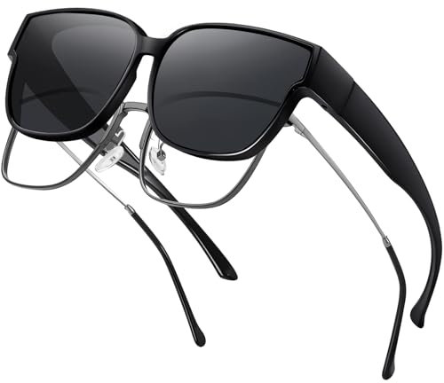 J.Fée Überzieh Sonnenbrille, Polarisierte Sonnenbrille Herren und Damen, Sonnenbrillen Über Normale Brille UV400 Schutz, Glänzendes Schwarz, 1 Stück