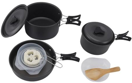 Camping-Kochgeschirr-Set mit antihaftender Bratpfanne, Suppenkelle, Schwamm und Spatel, Outdoor-Küchen-Accessoires für 3 Personen, tragbares Camping-Töpfe-Pfannen-Set Essentials