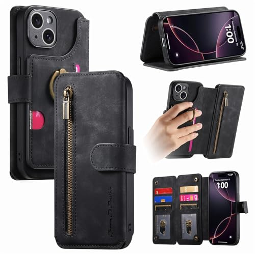 Trugox Handyhülle für Apple iPhone 15 Hülle Klappbar Klapphülle mit Kartenfächer RFID Reißverschluss Schutzhülle Ringhalter Ring Ständer Handytasche Leder Wallet Case - Schwarz