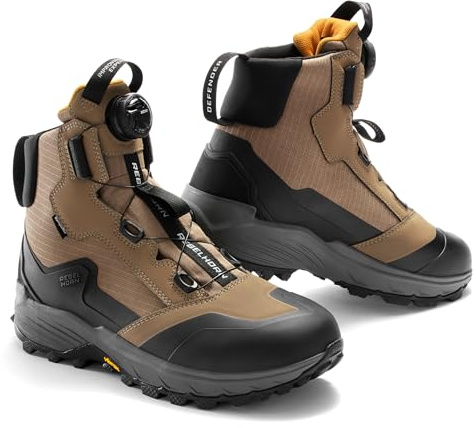 REBELHORN Defender Motorradstiefel Herren und Damen | Leder PU und Textil | Knöchel Protektoren | ATOP Schnellschnürung | Sympatex Membran | Vibram Sohle | Größen bis 47