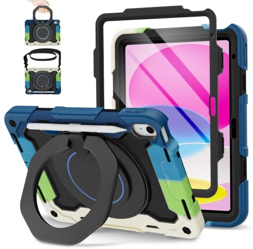 ROISKIN Coque iPad (A16) 11eme/10eme Generation 2025/2022 11/10.9 Pouces, Support Rotatif à 360° avec Protection D'écran, Bandoulière et Porte-Crayon,Coque Anti-Chocs pour iPad Enfant,Bleu