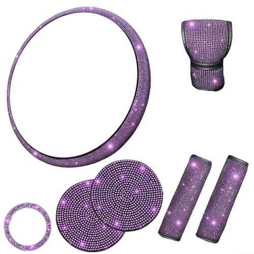 GLFLOW Auto-Innendekorationsset, Diamant-Lenkradbezug mit Strass-Schaltabdeckung und Untersetzern (lila)