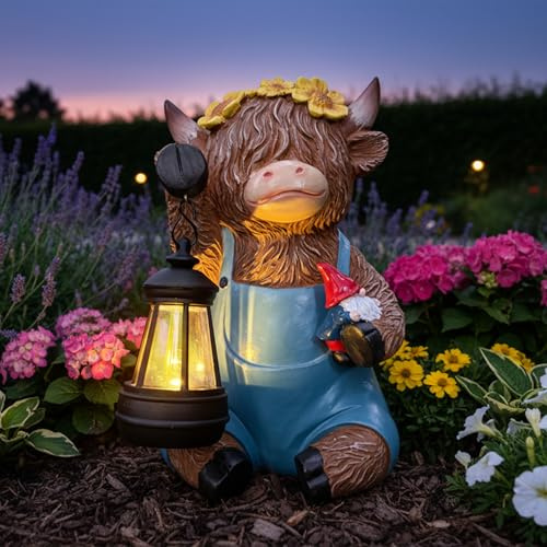 lifemet Solar Highland Cow Garden Ornament, Sitting Statue with Lantern | Sitting Highland Cow with Blue Pants | Weather-resistant Resin Decor for Garden, Patio and Balcony | Perfect Bitthday Gift