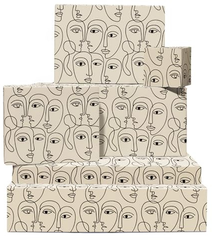 Abstract Geschenkpapier - 6 Blätter Modern Geschenkpapier For Männer Womänner Teens Freunde - Geburtstag Weihnachten Hochzeit Jahrestag - Minimalist Line Art Beige Design - Kommt mit Tags