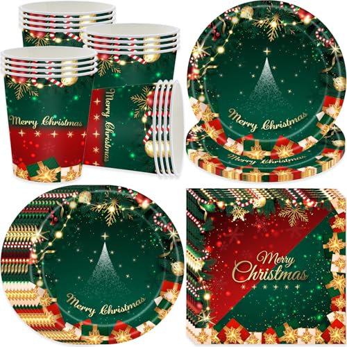 Bikasun Set de vaisselle de fête de Noël, assiettes en carton, serviettes, gobelets en carton, fournitures de décoration pour fête de Noël pour 16 personnes, rouge et vert,