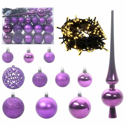 vidaXL Christmas Bauble Set with 150 LEDs 61 pcs Lilac Plastic, Living Room, Modern LightWeight Christmas Ornaments, LED Bauble Set, Holiday Decor, Indoor Tree Decorations, Festive Lights