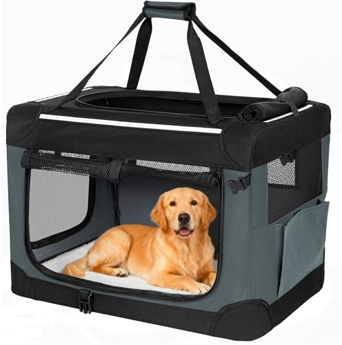Fobyfurny Hundebox Faltbar mit 3-Türen, 106,7 x 71,2 x 71,2 cm, Grau | Hundetransportbox Tragbare, Transportbox Hund Atmungsaktiv, Reflektierenden Verzierungen, Taschen, Oxford-Gewebe, FPDT004OG1