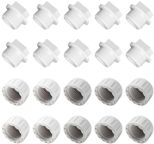 10 Pack 1/2 PVC NPT Male Threaded Pipe End Cap Plug + 10 Pack 1/2 End Female Thread Pipe Plug Adapter, Fit for 0.5inch Pipe, Adapter for Plumbing Water Line, Sprinkler Head Cap, DIY Projects