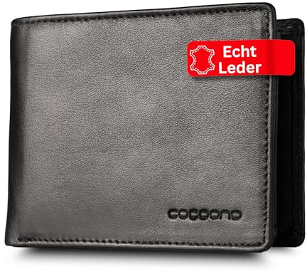 Cocoono Leder Geldbörse Herren mit RFID Schutz I Echtleder Geldbeutel für Männer I Münzbörse Portemonnaie Brieftasche Wallet Portmonee Pioneer Breit, Schwarz