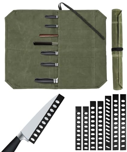 Knife Roll with 7 Pcs Plastic Edge Guard Strips | 7 Slots Canvas Knife Bags for Chefs for Culinary Enthusiasts, Portable Tool Storage Bag for Cook, Kitchens, Camping, Hiking