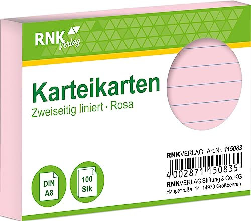 RNKVERLAG 115083 - Karteikarten liniert 5 mm, rosa, DIN A8, 1 Packung à 100 Karten